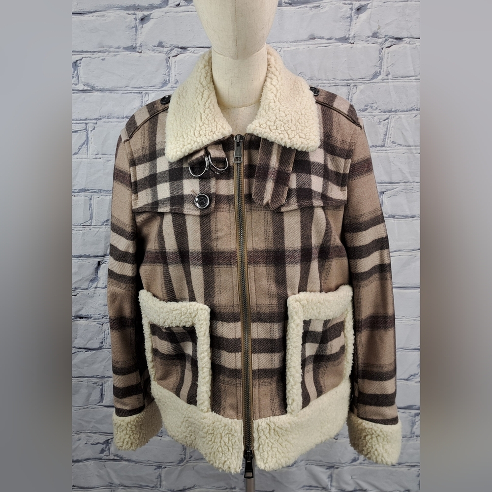 Burberry Brit Women's Wool Jacket Nova Check Faux Shearling Winter Bomber 12 US